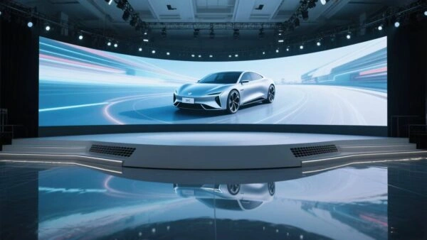 Hjyled massive COB LED display screen showcasing a luxury car in a professional showroom