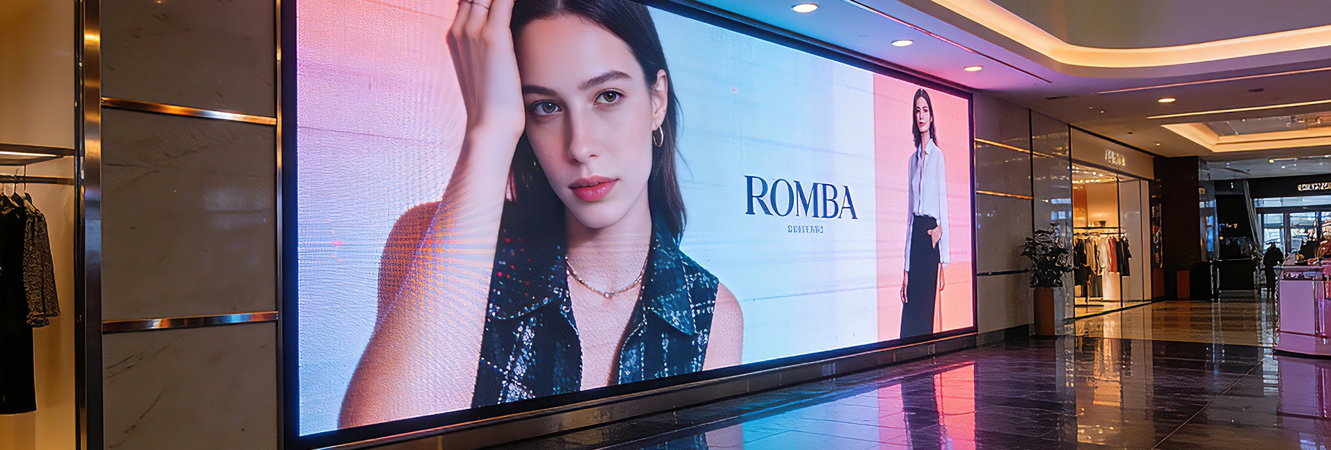 High-definition indoor LED video wall for luxury retail branding in a shopping mall, manufactured by HJY LED.